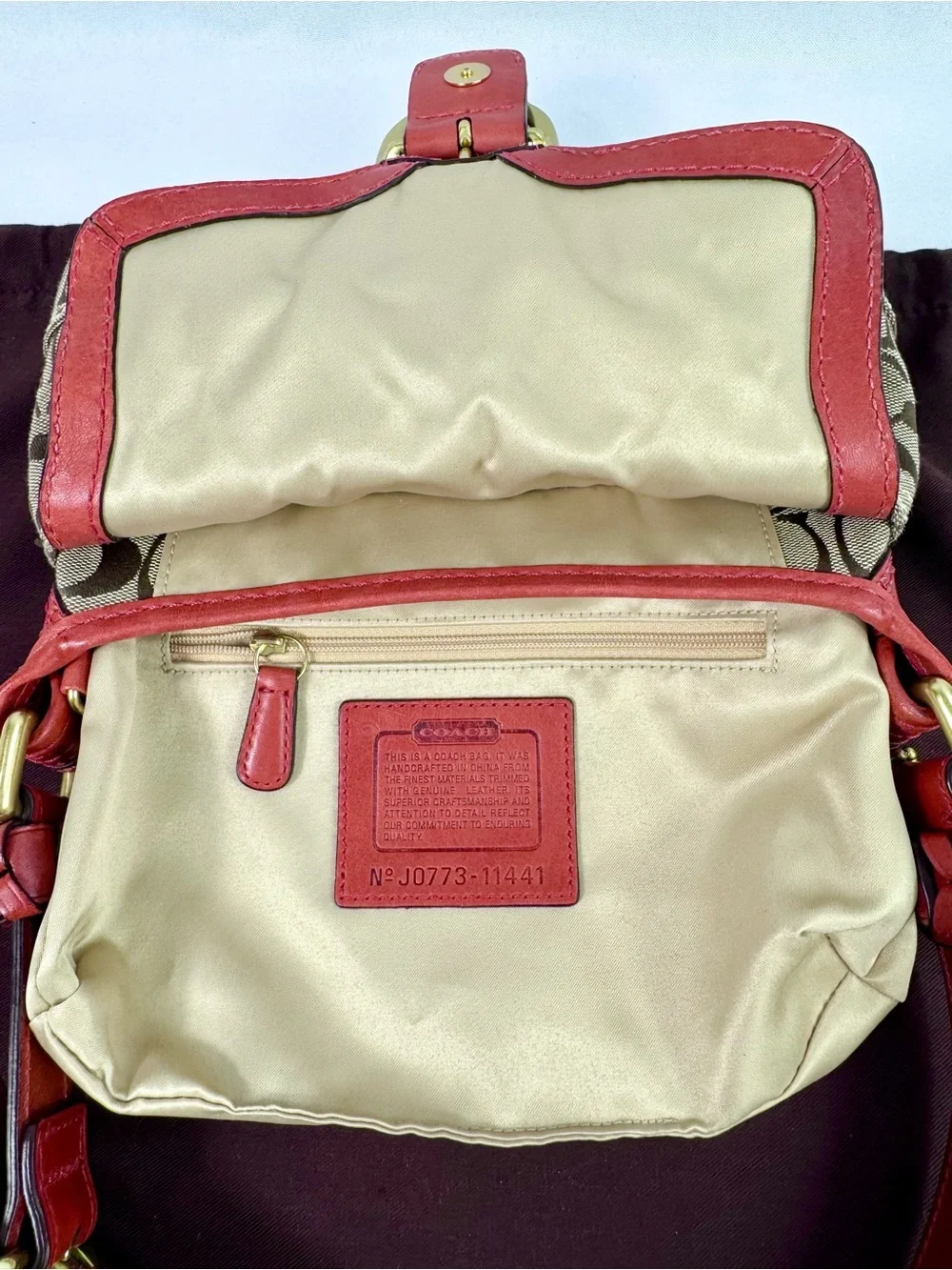 Coach Bleecker Red /Tan Leather Canvas Legacy Flap Soho Handbag #11441 EUC - Picture 7 of 10